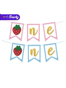 1 pièce Drapeau d'anniversaire de la première année du bébé avec décoration de garçon et fille aux fraises, convient pour les fêtes de bébé, les baby showers - Multicolore - Voir 5