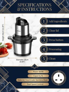 1 pieza Picadora eléctrica de cocina de acero inoxidable Sokany, picadora multifunción con 2 ajustes de velocidad, equipada con 4 cuchillas para picar carne, cebolla, frutas y verduras - Plateado - Ver 11