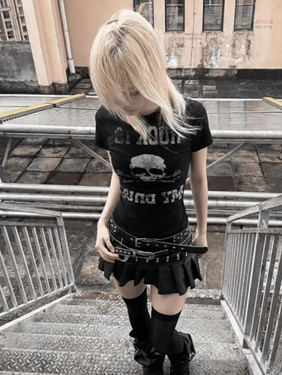 2026 Summer New Women's Fitted Short Punk Style Printed Graphic Tee, Street Fashion Y2K Subculture Casual Round Neck Short Sleeve T-Shirt