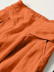 Women's Solid Color Casual Wide Leg Pants With Front Pocket Decor For Autumn Commute - Orange - View 3