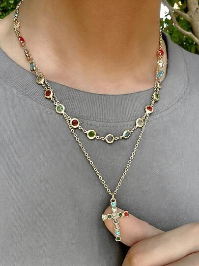 Vintage Gold-Plated Colorful Gemstone Cross Double-Layer Necklace, Stylish Collarbone Chain For Men