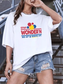 Motivational Phrase That Inspires You To Stop Doubting And Take Action To Achieve Your Goals, With Large Red And Blue Lettering On A Background With Vibrant Colored Circles. Women's T-Shirt, 100% Cotton. - 白色 - 查看 6