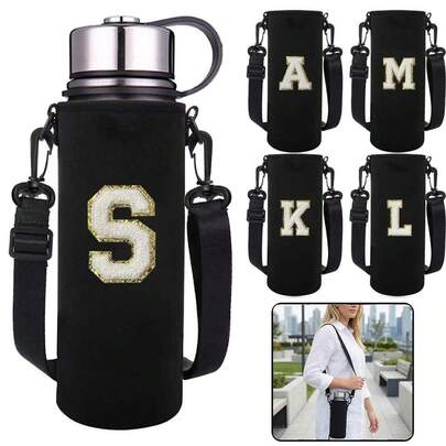 1pc 550-1500ML Sports Water Bottle Insulated Bag Shoulder Strap Adjustable Bottle Holder With Embroidered Letter A-Z
