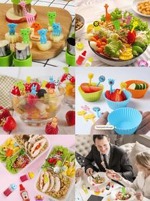 28件套餐具，包含食物签、迷你调味品、甜点叉、硅胶蛋糕杯垫、食物锥、番茄酱挤压瓶、迷你漏斗酱料容器、可爱卡通餐具套装、厨房用品 - 彩色 - 查看 8