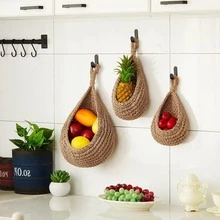 1pc/3pcs/6pcs Hanging Wall Vegetable & Fruit Basket, Bohemian Style Handwoven Linen Basket, Flower Pot Hanging Basket, Bird Nest Wall Hanging Mesh Bag, Handcrafted Wall Hanging Basket With Ring, Versatile Home Essential For Kitchen Storage, Decoration, Wall Decor, Living Room, Entryway, Housewarming & Birthday Gift - Multicolor - View 2