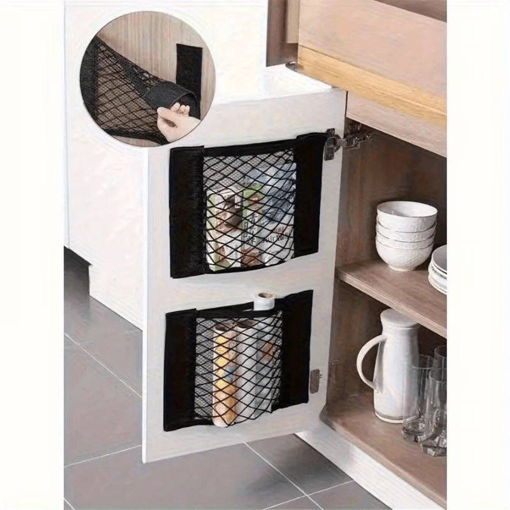 No Drill Adhesive Wall Mounted Mesh Storage Bag | Suitable For Cabinet Doors, Car Trunks, Under Sinks, RVs And Camping Vehicles