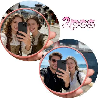 2 件套旅行摄影小工具 - 迷你圆形镜子，可用于拍照和打卡，3 种颜色可选（粉色、蓝色、灰色）。凸面镜，可拍摄广角照片，旅行必备礼品镜，自拍配件，小巧设计，高品质反射效果，照片编辑助手