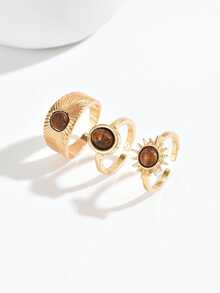 3pcs 14K Gold Plated Stainless Steel Sunflower & Tiger Eye Stone Rings, Unique Design Adjustable Open Rings For Women - Multicolor - View 3