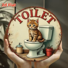 2D平面设计“猫咪厕所标志” | 可爱的宠物礼仪海报，带有爪印和猫砂盆插图，趣味墙面装饰圆形牌匾，适合室内/室外悬挂 - 8英寸，2D平面设计，预钻孔，尺寸如图所示 - 多色 - 查看 1