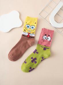 SpongeBob SquarePants 2 Pairs Spongebob Design Colorful Jacquard Mid-Calf Socks, Suitable For Men , Athletic, All Season, European Size,Comfortable Breathable , Vibrant Colors, Perfect For Everyday Wear,Premium Material, Non-Sweaty, Fall Socks - Multicolor - View 5