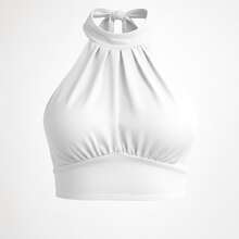 Women's Halter Neck Crop Top With Ruched Back And Tie In Duna Fabric - Summer 2025 - 白色 - 查看 3