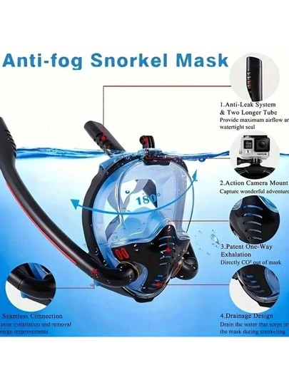 Professional Double Tube Full Face Snorkeling Mask, 180° Panoramic Anti-Fog Diving Mask, Dry Top System, Detachable Camera Bracket, Adult Snorkeling Equipment