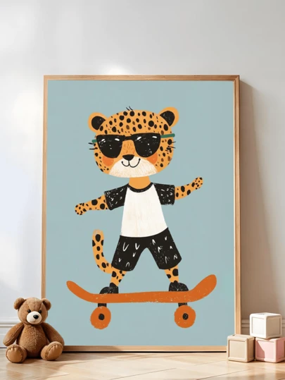1 pieza Obra de arte de pared con marco de lienzo impermeable, decoración de guardería, decoración de habitación de niños con estampado de guepardo en monopatín, arte de pared moderno para habitación de niños, arte de estilo rústico, decoración de pared para habitación de niños, decoración de sala de juegos bohemia, decoración de habitación de niños linda y divertida, arte de pared moderno y vibrante, arte decorativo de animal de dibujos animados