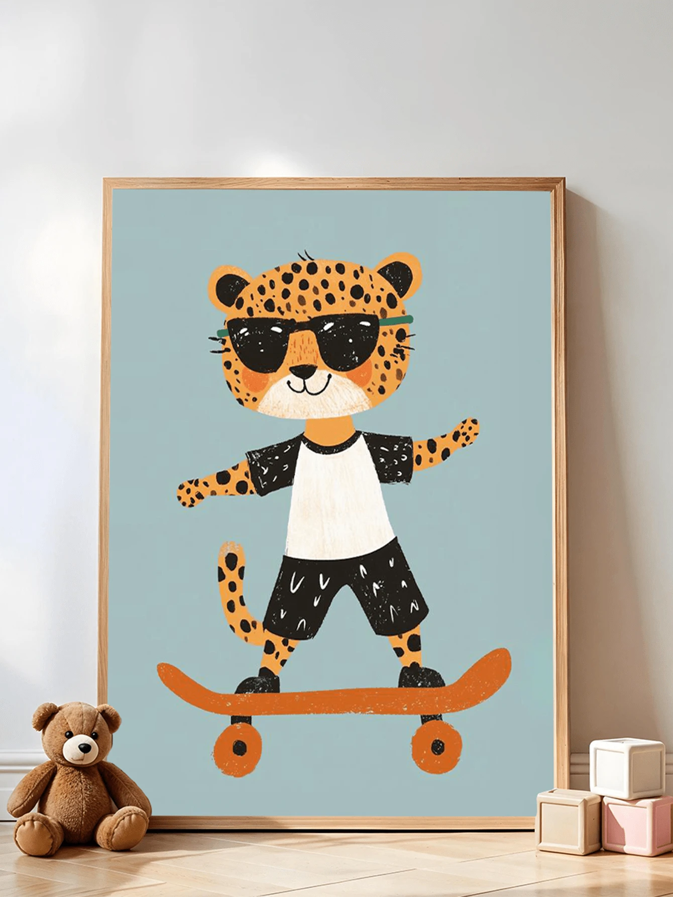 1幅帆布防水墙画，带框，婴儿房装饰，滑板猎豹儿童房装饰，现代男孩房墙画，乡村风格艺术，儿童房墙面装饰，波西米亚游戏室装饰，可爱趣味儿童房装饰，充满活力的现代墙画，卡通动物装饰画 - 彩色 - 查看 1