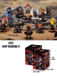 Pop Mart 火影忍者疾风传VS晓组织系列盲盒人偶，包含10款普通版+2款隐藏版，以晓组织战斗为主题，采用红色云雾斗篷、动态姿势、爆炸泥焰、鲨鱼特效、翅膀装饰、植物头饰和面具角色等元素，背景包括沙漠、岩石、草原、夜空和漩涡。 - 彩色 - 查看 12