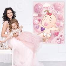 可爱的粉色婴儿派对游戏——给宝宝贴奶嘴海报套装，包含贴纸和眼罩，适合女宝宝生日派对 - 彩色 - 查看 3