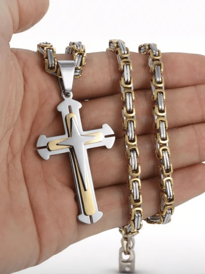 Men's Cross Pendant Necklace, Stainless Steel Gold/Silver Plated, Versatile Fashion Jewelry, Suitable Gift For Him