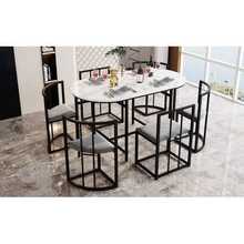 Table And Chair Set For Six People: (White Table, Chair With Grey Backrest And Cushion, Black Iron Frame), Table And Chair Set, Modern Table And Chair Combination (Original Reference: 308399408AAS) - Black - View 9