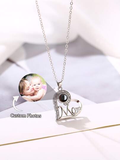 Personalized Custom Photo Projection "Mom" Heart Necklace | Rhinestone Accent & Gold/Silver Metal Choices | Fashionable, Simple, Cute, Custom & Unique Sentimental Memorial Gift | Ideal For Mom, Family & Loved Ones | Perfect For Mother's Day, Birthday & Valentine's Day