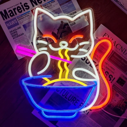 Fortune Cat Ramen Neon Sign Cat Neon Sign Noodles Led Neon Signs For Wall Decor Anime Light Up Signs Neon Lights For Bedroom Store Restaurant Home Dining Room Kitchen Gift