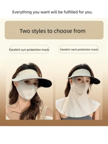 Three-In-One Sunscreen Hat - Detachable Neck Guard - Large Brim Outdoor UV Protection Sun Hat - Summer Women's Full-Face Cycling Seamless Hat - Face Bikini Mask - A - View 3