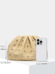 1pc Straw, Beach Style, Rivet Decor, Retro, Minimalist, Fashion Women Pleated Clutch Bag, Suitable For Daily, Beach, Party, Vacation - Khaki - View 7