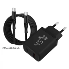 Bộ sạc USB C 45W, sạc nhanh GaN/PPS, GaN II với cáp dữ liệu bện sạc nhanh 60W dài 2M/1.5M/1M, tương thích với Samsung Galaxy S25/S24/S23/S22 Ultra, điện thoại thông minh dòng 17/16/15, sạc đồng thời qua cổng USB A và USB C. - Phích cắm loại C của EU (220-240V) - Xem 10