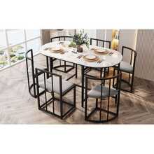 Table And Chair Set For Six People: (White Table, Chair With Grey Backrest And Cushion, Black Iron Frame), Table And Chair Set, Modern Table And Chair Combination (Original Reference: 308399408AAS) - Black - View 6