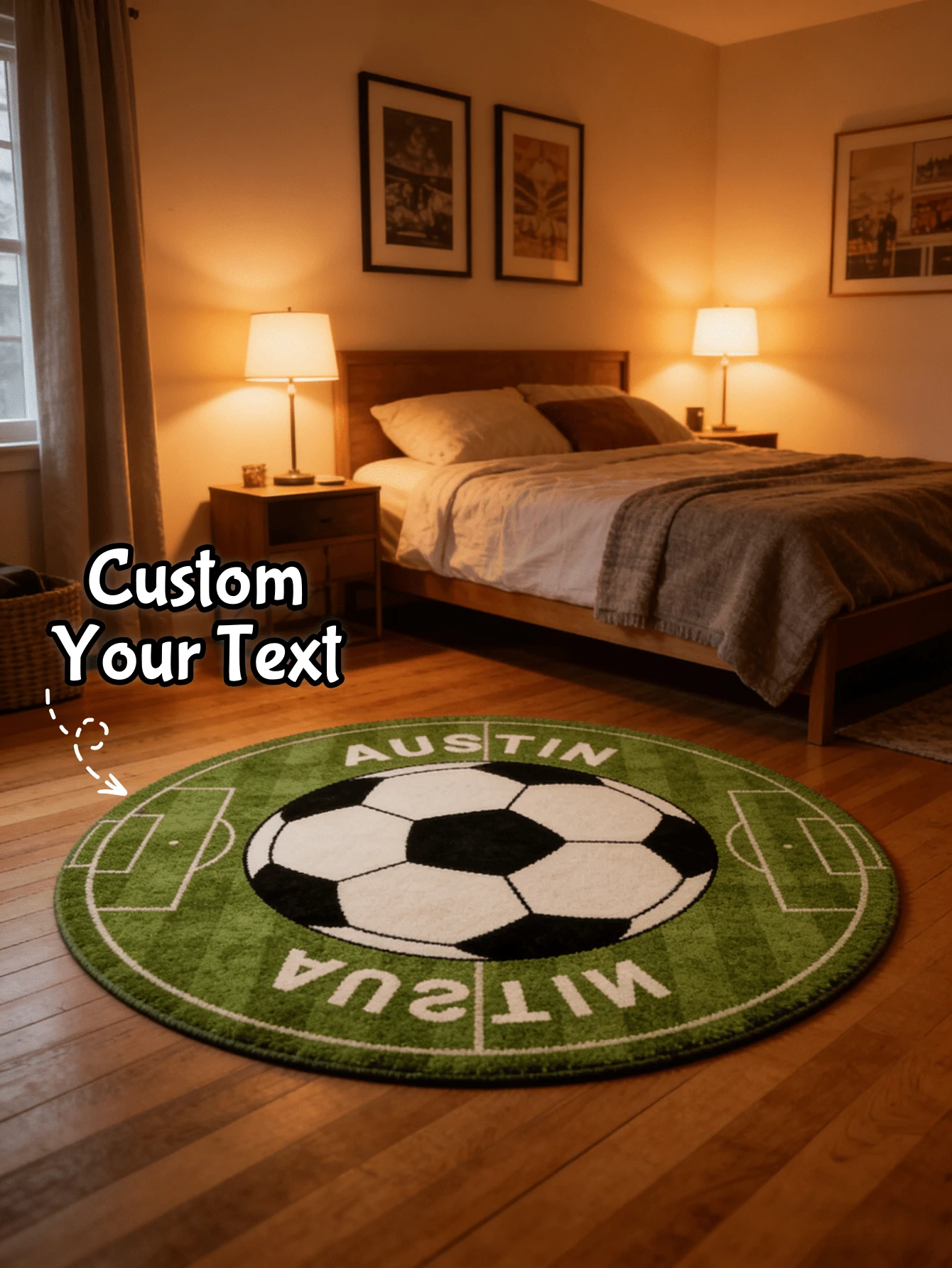 1 pieza Alfombra redonda personalizada de fútbol - Alfombra de fútbol de cachemira sintética con nombre personalizado, alfombra circular suave, decoración de habitación de fanático de los deportes, decoración de fiesta de partido de fútbol, ideal para dormitorios, salas de juegos, cumpleaños, vacaciones y talla grande - Multicolor - Ver 1