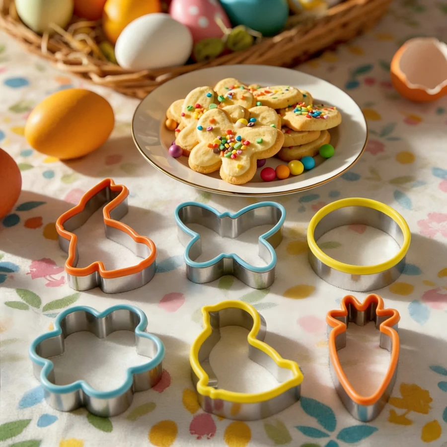6件套复活节饼干模具，带柔软PVC边缘 - 鸡蛋、小鸡、胡萝卜、兔子、兔脸、蝴蝶形状 - 不锈钢饼干模具，适合春季节日DIY烘焙