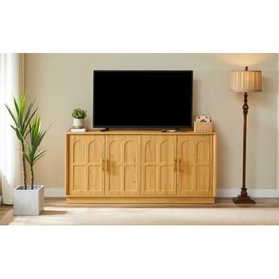 Large Side Table With Storage Space, Modern Display Cabinet With Curved Front, 169 Cm Long, Ideal For The Living Room, Kitchen, Dining Room Or Hallway, Natural Wood Color, Dimensions: 169 * 40 * 80 Cm