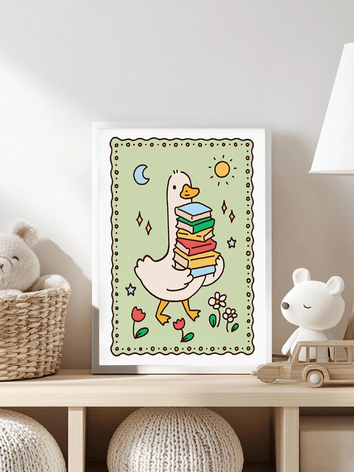 1幅帆布防水墙画，带框装饰画，适合儿童房，傻鹅读书海报，可爱鹅，儿童房装饰，现代艺术印刷品，傻鹅农场动物设计，卡通动物装饰画 - 彩色 - 查看 1