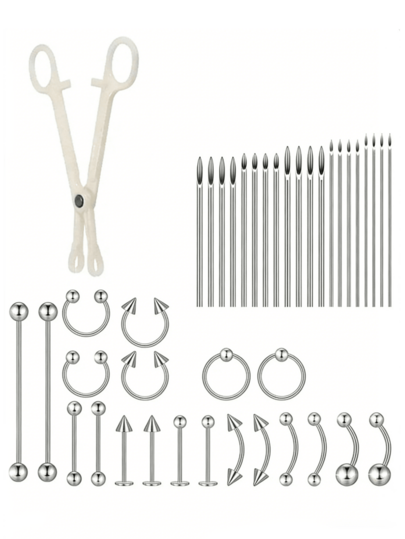 Stainless Steel Puncture Kit, Including 12G, 14G, 16G, 18G, 20G Puncture Needles - Suitable For Puncture Of The Nose, Septum, Navel, Lips, Ears, Tongue, Ear Cartilage, Eyebrows, Tragus And Other Parts Of The Body - Perfect For All Body Puncture Sites, Puncture Kit | Simple Design | Puncture Needles, Puncture Accessories Suitable For Men's Body Puncture Jewelry.