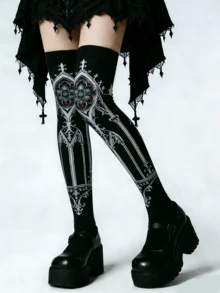 1双深色哥特风过膝袜，Y2K风格修身黑色大腿袜，适合万圣节派对、角色扮演、时尚性感小众印花复古朋克哥特风女式长筒袜 - 彩色 - 查看 6
