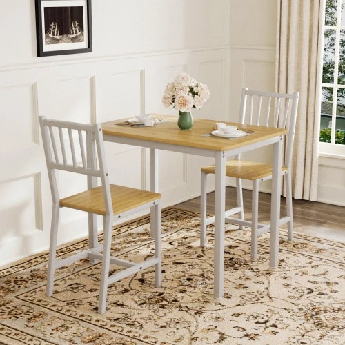 Dining Table And Chairs Set, Bar Table With Two Stools, Kitchen Table And Chairs, Industrial Style Breakfast Table, Suitable For The Kitchen, Living Room, Reception Room, Natural White - White - View 1