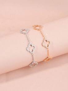 2pcs/Set Delicate Mini Luxury Clover Flower Bracelet For Women - Gold + Silver - View 1