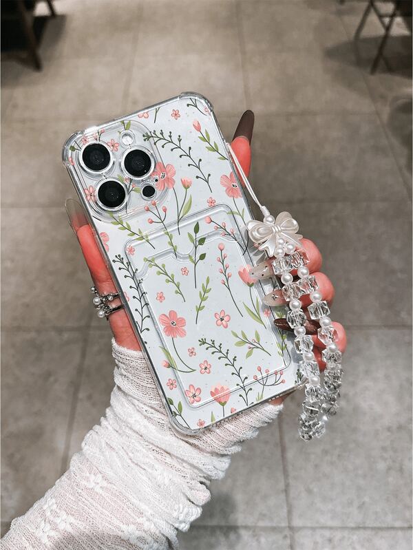 Sweet Floral Pattern Transparent Card Slot Soft TPU Phone Case With Bracelet Strap, Precise Cutouts, Anti-Fall, Wear-Resistant, Minimalist Design, Printed Protective Cover For IPhone 17/17 Pro/17 Pro Max, 16 XR/7/8, 15 Pro Max, 12 Pro Max, 13 Pro Max, 14 Pro Max, 13, 14, 11, 12, P14, P11, P12, XS, XR, 7/8, P, 7/8 GES2