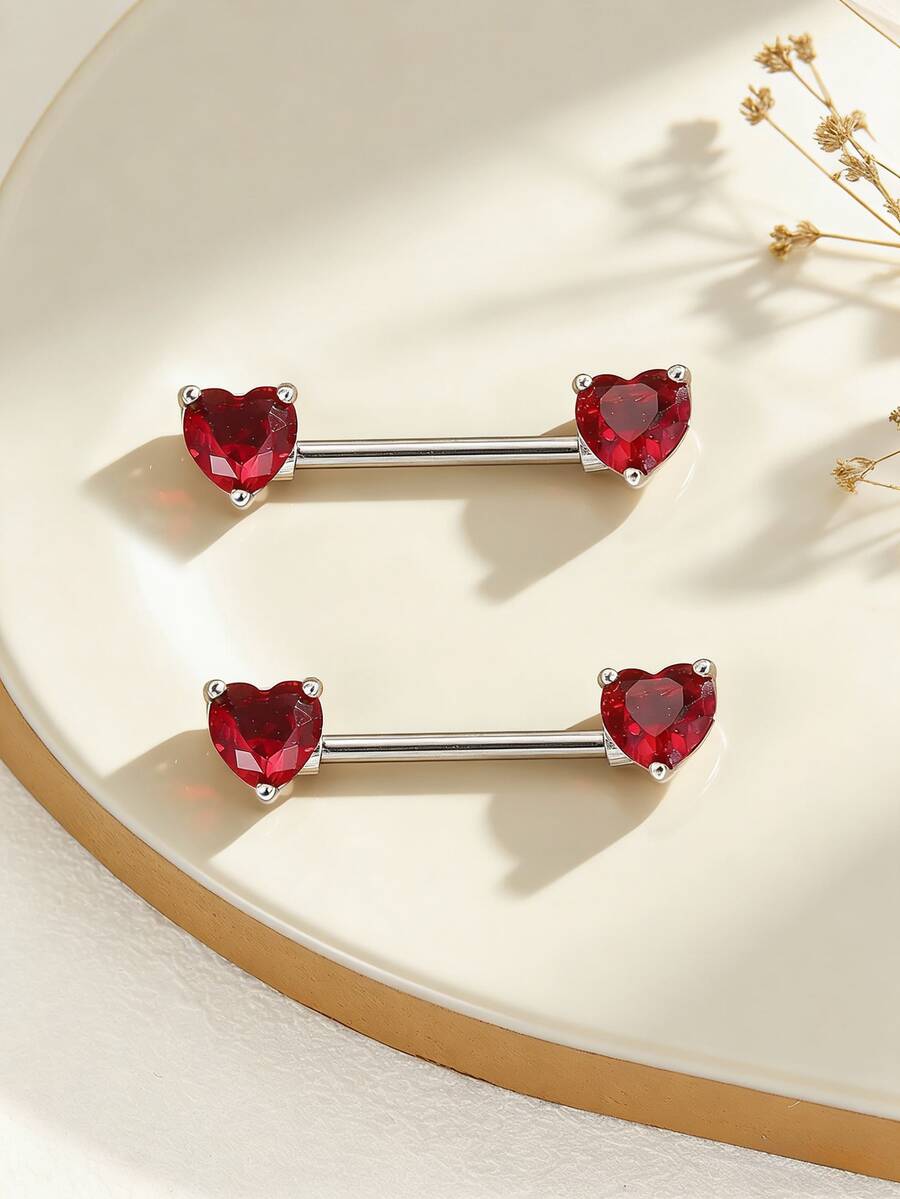 2pcs Stainless Steel Zirconia Heart Decor Nipple Ring For Women & Girls - Heart - View 1