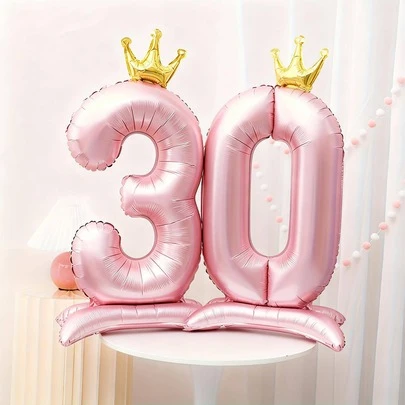 2pcs 40-Inch Pink Standing Crown Number 18/30 Balloons - Helium-Filled Birthday Party Decor, Creative Gift For Weddings, Valentine's Day And Celebrations, Durable Foil Material Birthday Balloons