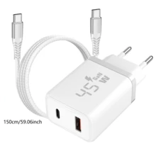 Bộ sạc USB C 45W, sạc nhanh GaN/PPS, GaN II với cáp dữ liệu bện sạc nhanh 60W dài 2M/1.5M/1M, tương thích với Samsung Galaxy S25/S24/S23/S22 Ultra, điện thoại thông minh dòng 17/16/15, sạc đồng thời qua cổng USB A và USB C. - Phích cắm loại C của EU (220-240V) - Xem 12