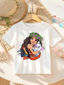 Moana And Pet Piggy Fat Printed Girls' T-Shirt From Disney's "Ocean Romance" - Children's Clothing Design Short Sleeve Casual Cute Style Comfortable And Loose, Suitable For Boys And Girls, Perfect For Party And Play, Machine Washable, Gift Packaging, Girls' Short Sleeve Shirt - White - View 1