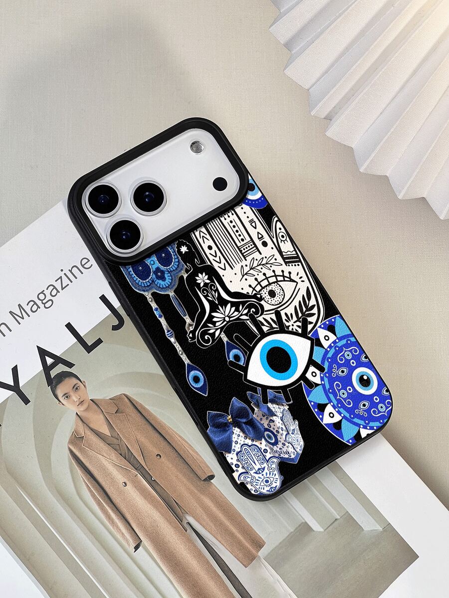 1pc Fashionable Blue Fatima Hand & Evil Eye Mosaic Pattern Litchi Texture Anti-Fall Anti-Slip Soft Phone Case Compatible With Apple, Phones - Multicolor - View 1
