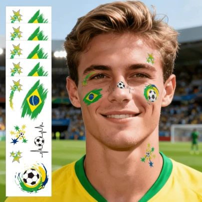 5 Peças Adesivos de Rosto do Brasil, Decorações Corporais para Festa de Evento Esportivo, Decoração de Rosto com Bandeira Nacional, Tatuagens Temporárias Aplicáveis em Braços e Rosto, Adesivos de Futebol