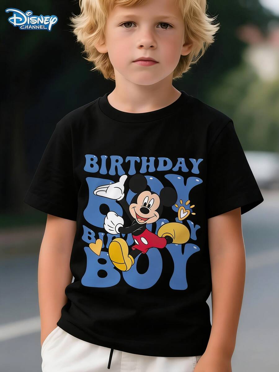 Disney Mickey Mouse "Birthday Boy" Fun T-Shirt For Kids, Lightweight Skin-Friendly Boys' Tee, Perfect For Birthday Parties And Casual Daily Wear - 黑色 - 查看 1