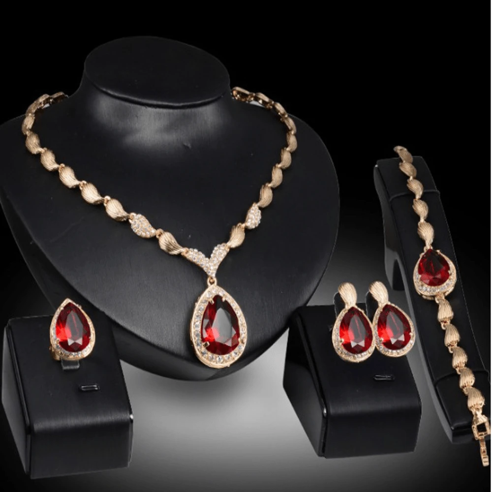 Exquisite 5 Pcs Bridal Jewelry Set Simple Versatile Necklace Bracelet Earrings Ring Banquet Accessory - 紅色 - 查看 1