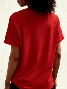 1 pieza Camisetas de mujer, Formal regular cuello redondo transpirable Tops básicos para mujer, Estampado Verano Camisetas de moda para Entrenamiento, suave - Rojo - Ver 2