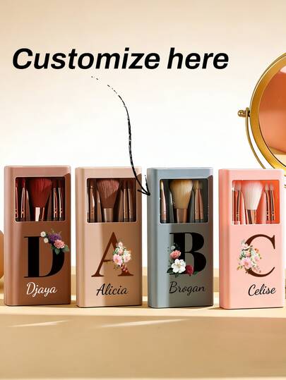 Set de maquillaje de viaje personalizable con 5 pinceles, espejo, pincel suelto multifunción para polvos, pincel de base y caja de sombras con espejo