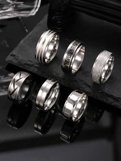 Set de 6 anillos de acero inoxidable minimalistas para hombres, que incluyen elementos con textura mate, adecuados para uso diario y accesorios de vacaciones
