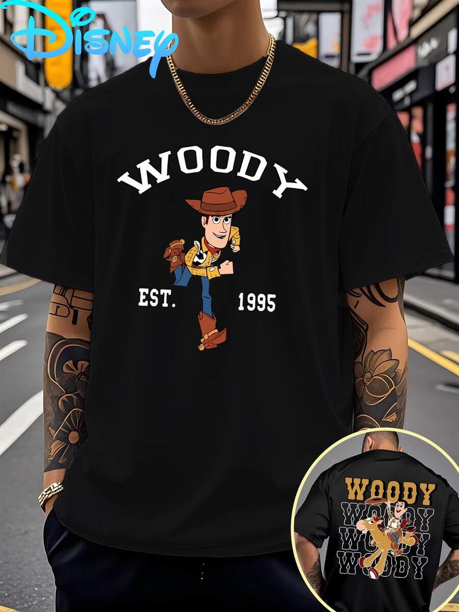 Disney Licensed - Toy Story Woody Cartoon Print Men's Short-Sleeve T-Shirt, Crew Neck, Casual And Comfortable, Breathable And Lightweight, Stylish Streetwear, Men's Casual Top, Summer Essential - Black - View 1