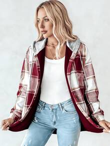 Women's Plaid Hooded Button Coat - Casual Winter Outfit Staple Hooded Plaid Long Sleeve Jacket - Versatile Cold-Weather Wear Plaid Pattern Hooded Coat - Practical Everyday Winter Wardrobe Pick Jackets For Womenwinter Clothes For Womenessentials Hoodiehoodies For Women - 紅色 - 查看 3